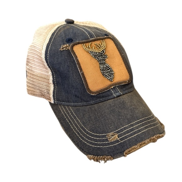 Judith March Distressed Baseball Hat with Beaded Deer Patch - Picture 1 of 3